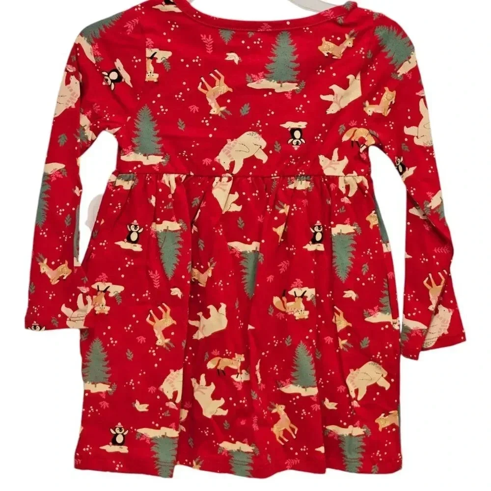 2T Red Forest Creatures Girls Fall Themed Long Sleeve Dress, Dress for Toddlers